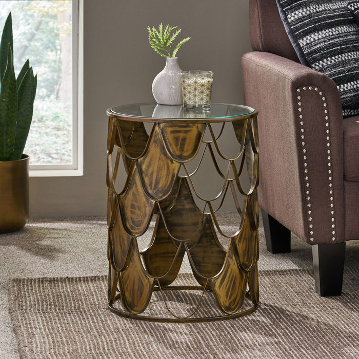 Boho Glam Pino Side Table With Fish Scale Design Tempered Glass Top - Brown
