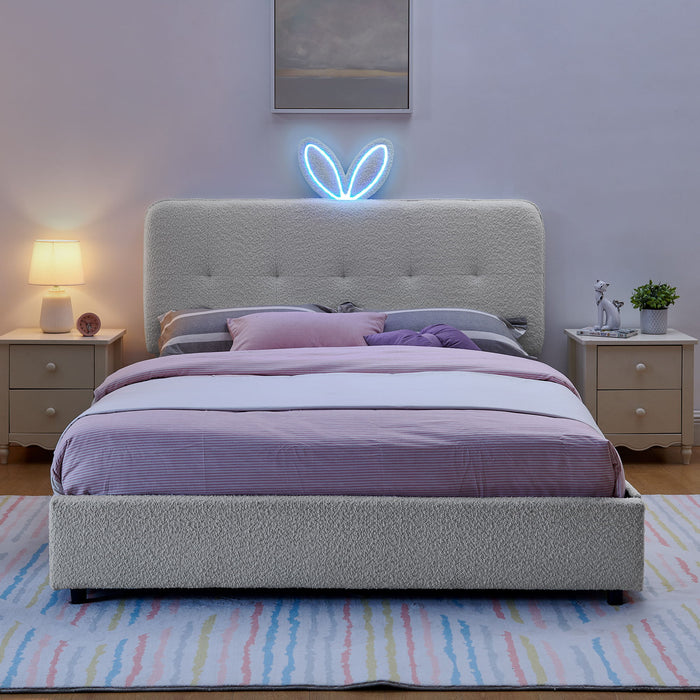 Upholstered Bed With Oversized Rabbit Ear Headboard, LED Lights & 4 Storage Drawers