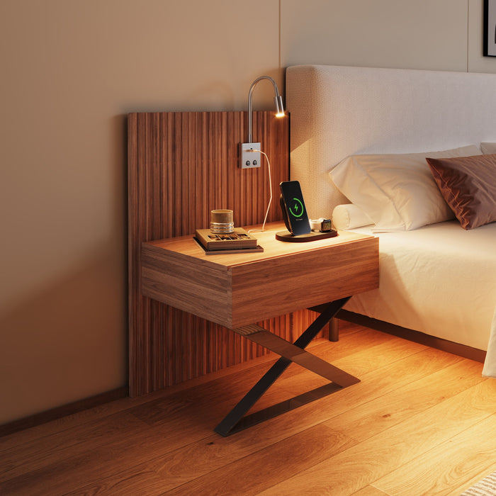 Floating King Size Bed With Integrated Side Tables And Smart Lighting - Beige Gray / White