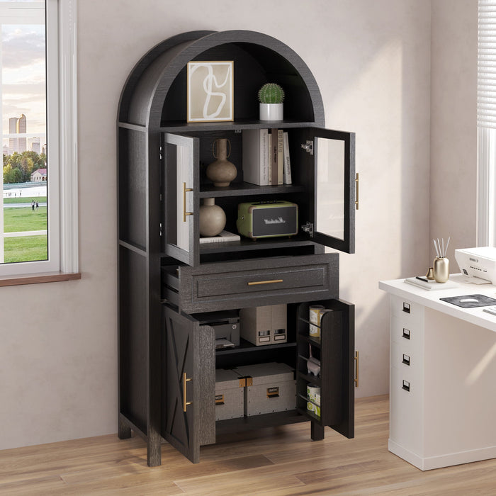 Arched Kitchen Pantry Cabinet With Adjustable Shelves And Barn Door Design