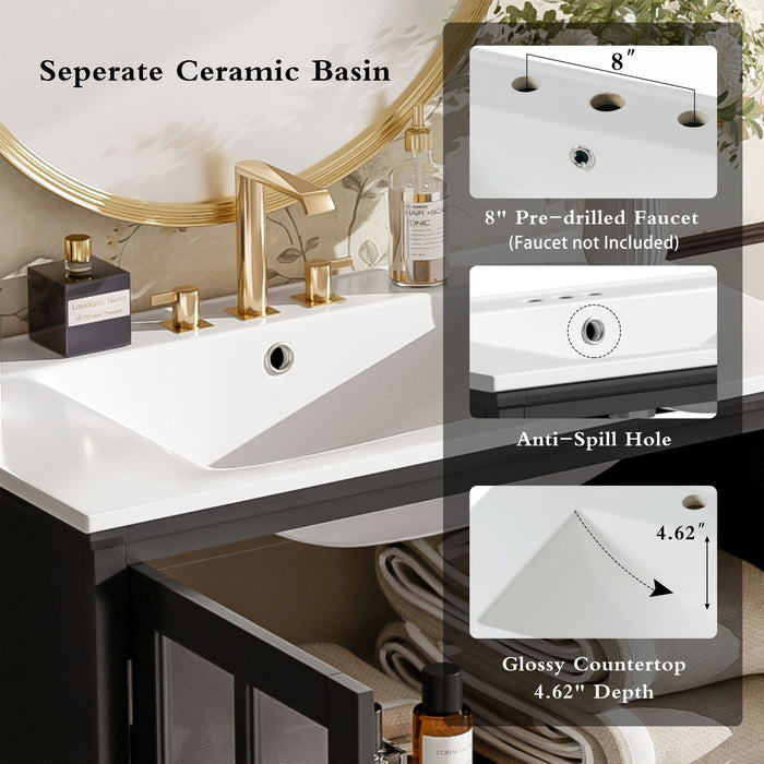 Modern Bathroom Vanity With Ceramic Sink, Tempered Blurred Glass Doors