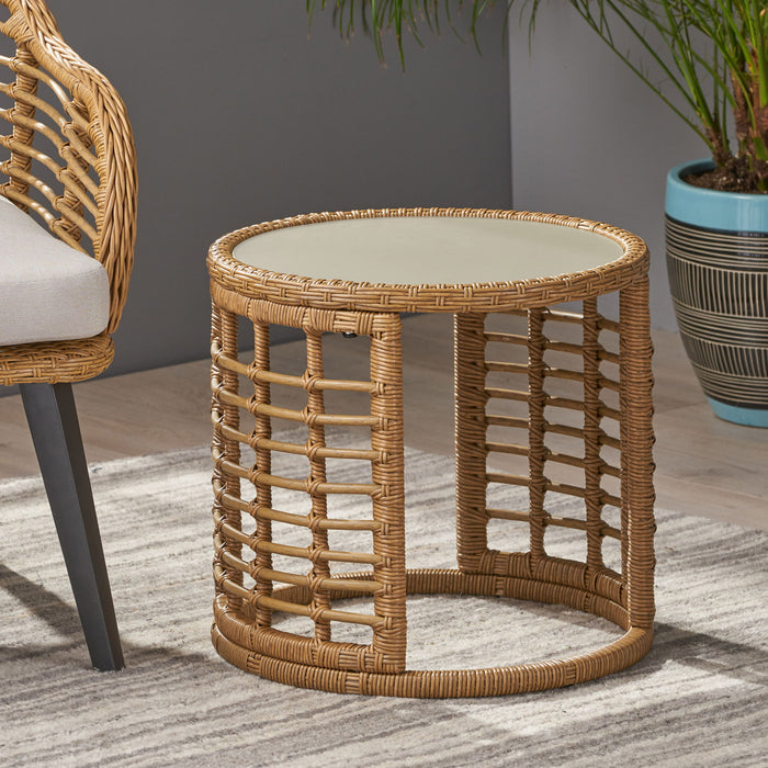 Outdoor Side Table With Tempered Glass Top And Rattan Wicker Cover - Light Brown
