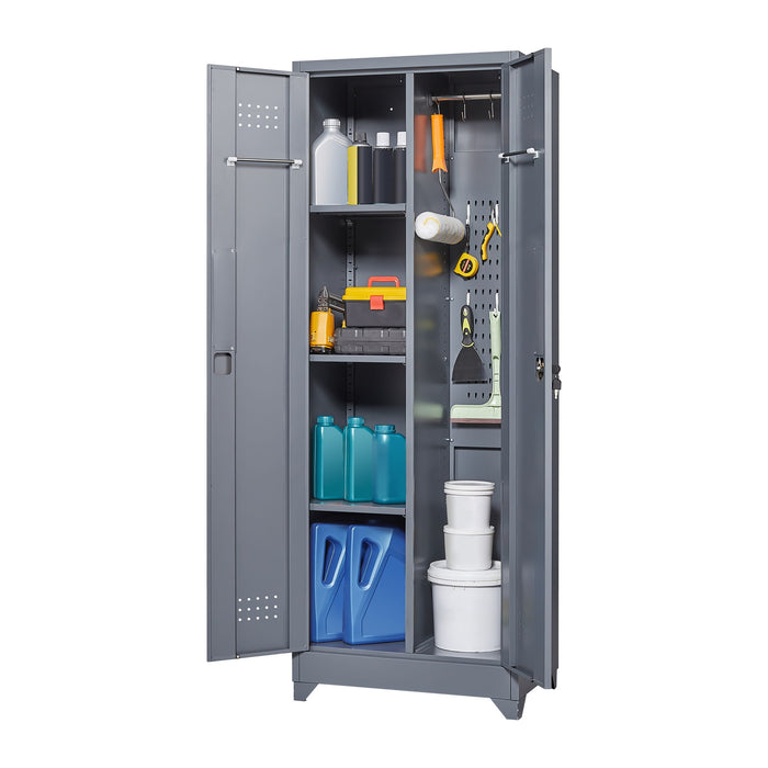 Heavy Duty Storage Cabinet With Locking Doors, Hanging Rod & Shelves, Broom Closet - Gray