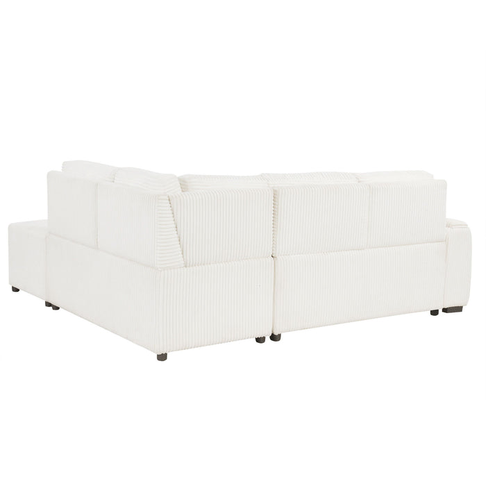 Pull-Out L-Shaped Sectional Sofa With Movable Ottoman And Stool, Large Storage Space, A Cup Holder, And 2 USB Ports For Living Room
