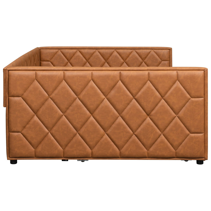 Upholstered Full Long Daybed With Trundle And LED Armrests - Brown