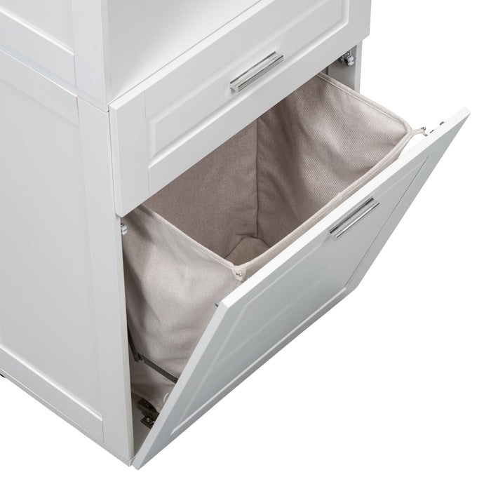 Tall Bathroom Cabinet With Tilt-Out Laundry Basket And Upper Storage