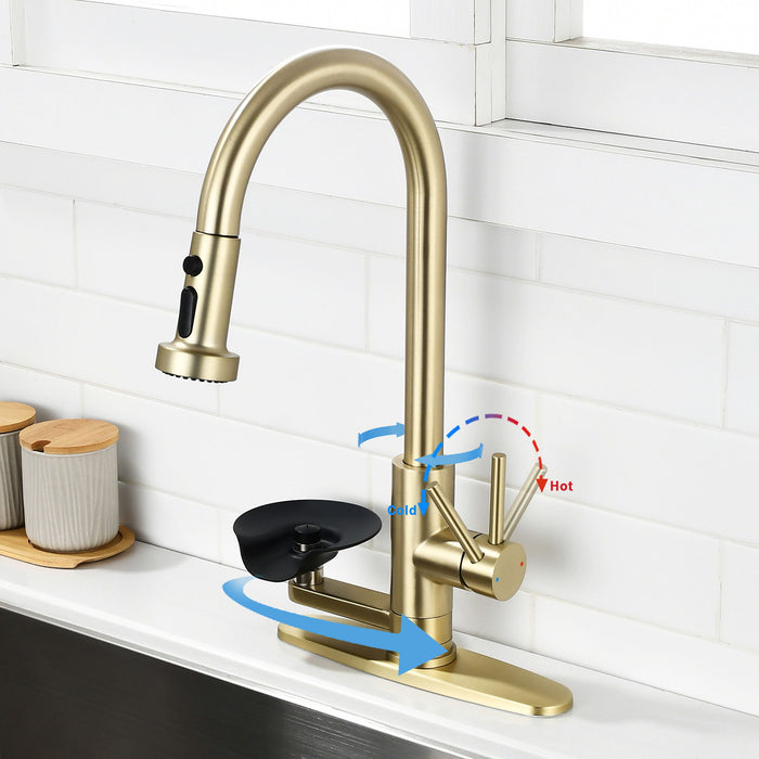 3 In 1 Kitchen Faucet With Press Type Glass Rinser, High Arc Pull Down Sprayer