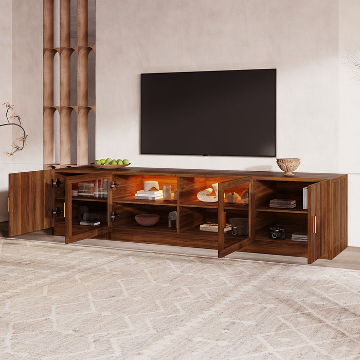 TV Stand, Media Console With Glass Doors And LED Lights, Adjustable Shelf Storage - Walnut