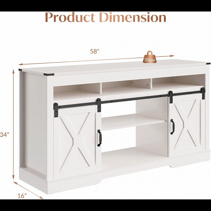 Farmhouse TV Stand With Sliding Barn Doors & Adjustable Storage