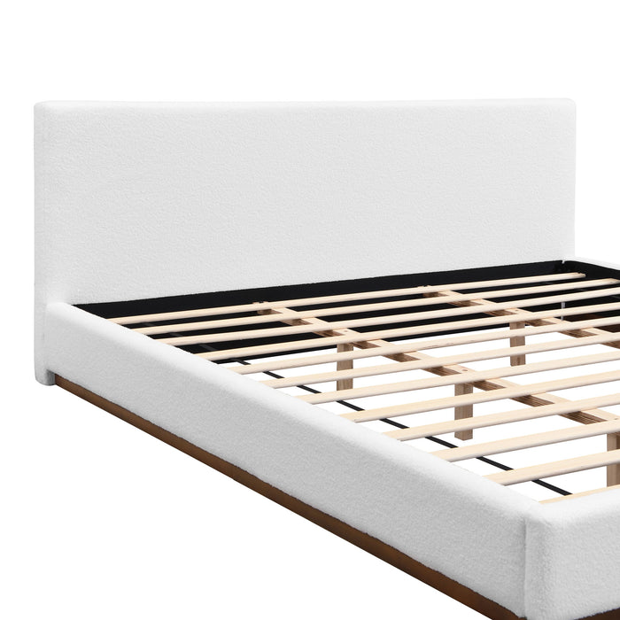 Elegant Boucle Upholstered Bed With Wood Grain Textured Solid Wood Base Frame