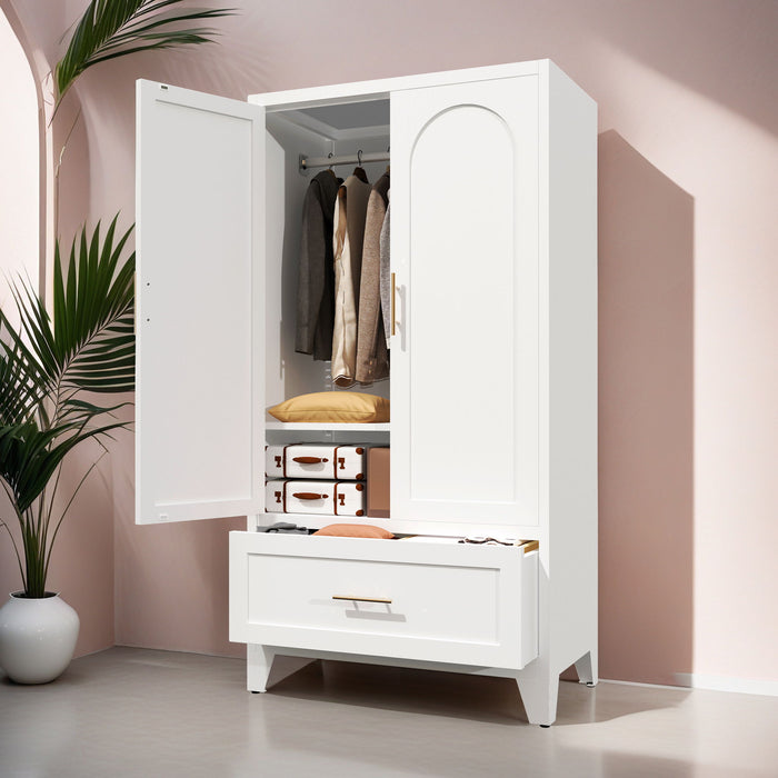 Wardrobe Cabinet With 1 Drawer And Hanging Rod, 2 Doors Closet With Shelf For Bedroom - White