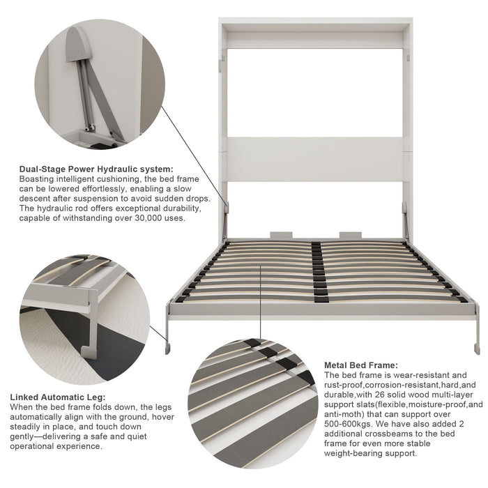 Queen Size Wall Mounted Murphy Bed With Manual Height Adjustable Desk, Cabinet & Frame & Computer Desk - White