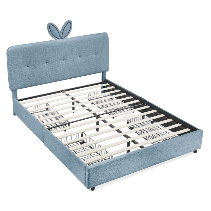 Upholstered Bed With Oversized Rabbit Ear Headboard, LED Lights & 4 Storage Drawers