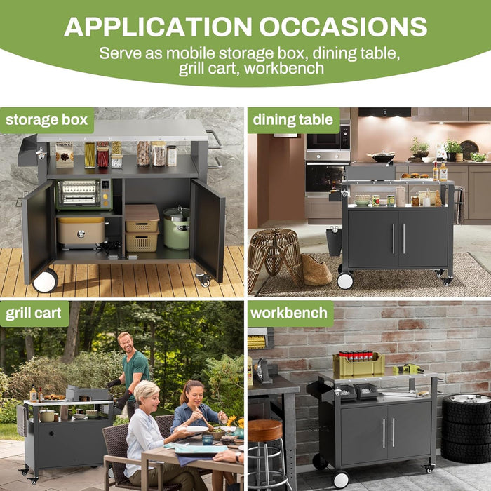 Outdoor Grill Cart With Storage, Rolling Bar Cart With Hooks And Spice Rack Stainless Steel