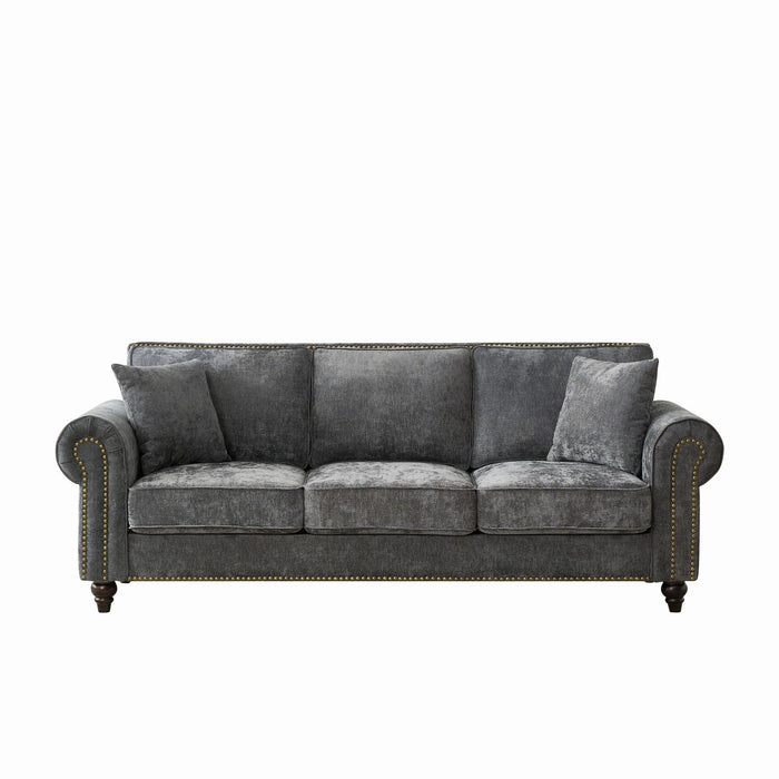 3 Seater Sofa With Tufted Upholstery, Rolled Arms, Nailhead Trim