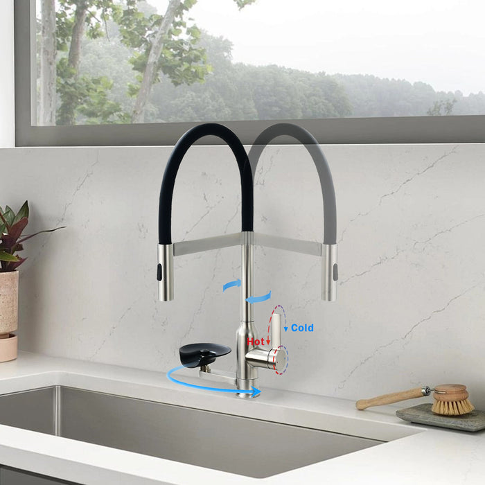 Kitchen Faucet With Magnetic Pull Out Sprayer, 360 Degree Swivel Single Handle High Arc Kitchen Sink Faucet With Glass Rinser - Brushed Nickel