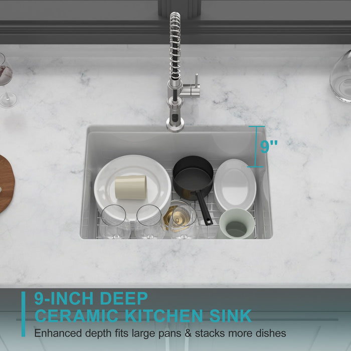 Rectangular Deep Single Bowl Kitchen Sink, Undermount Top Mount Porcela Stainless Steel Grid - White
