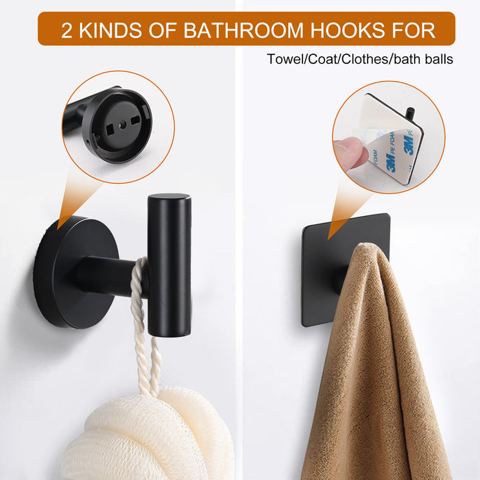 Bathroom Hardware Set Stainless Steel With Towel Bar, Paper Holder, And Hooks - Matte Black