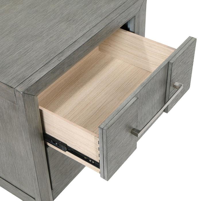 Modern 2 Drawer Nightstand In Gray Finish With Silver Metal Handles, Contemporary Bedside Table With Smooth Glide Drawers