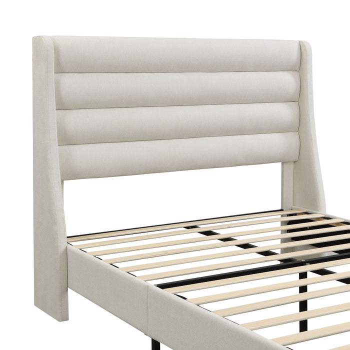 Modern Upholstered Platform Bed With Wave Shaped Headboard
