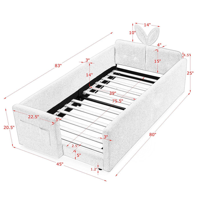 Cute Rabbit Ear Upholstered Platform Bed Frame With Safety Rail