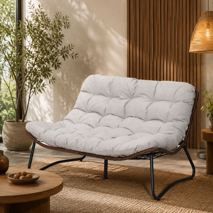 Patio Loveseat Sofa With Extra Thick Tufted Cushion - Brown