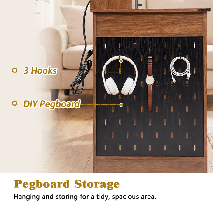 Office Desk With Storage Cabinet, Charging Station, Monitor Stand & Pegboard
