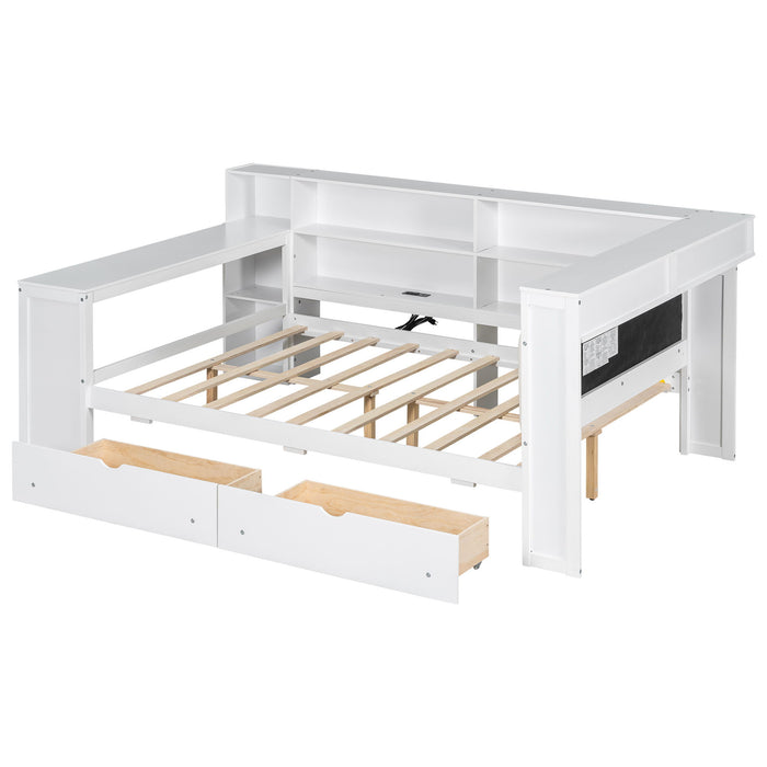 Platform Bed With Upholstered Headboard, Storage Shelves, Drawers, Charging Station, LED Lighting, Built In Desk