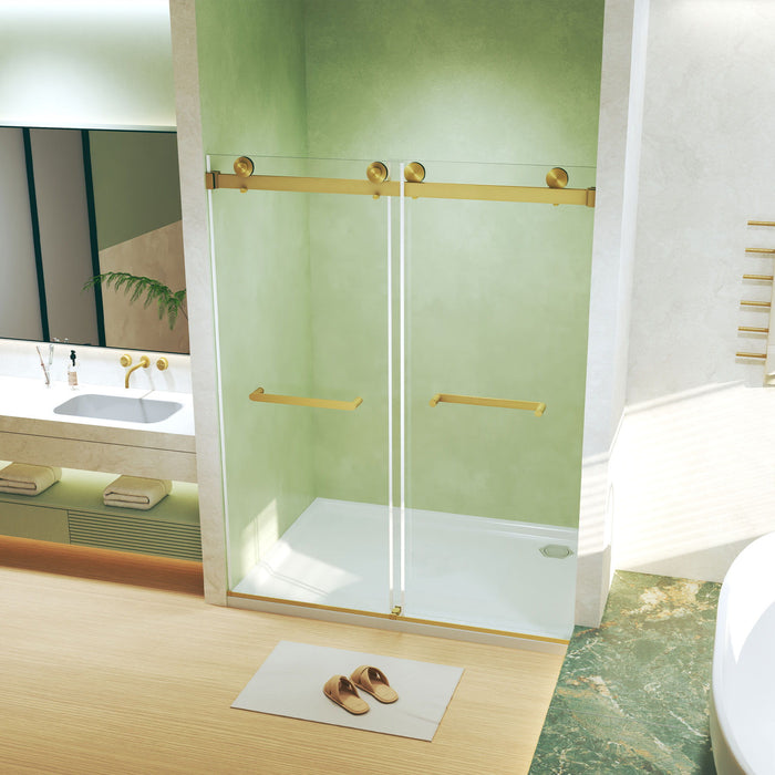Frameless Double Sliding Shower Door, Tempered Glass, Explosion Proof Film, Square Tube Track - Brushed Gold