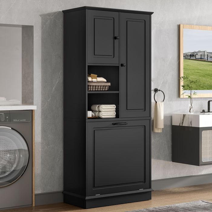 Modern Tall Storage Cabinet With Adjustable Shelves, Flip-Out Basket & Enclosed Doors