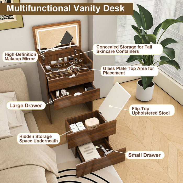 Vanity Desk With Lighted Mirror & Stool