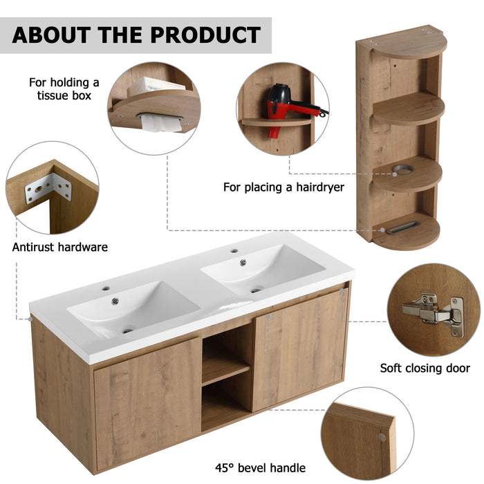 48" Wall Mounted Bathroom Vanity With Double Resin Sink And Storage Rack Soft Close Doors Plywood Construction - Imitative Oak