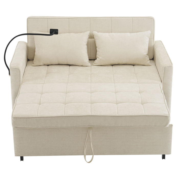 Pull-Out Sleeper Sofa With Reversible Backrest Cushion, Side Pockets, 2 USB Ports And A Phone Holder For Living Room