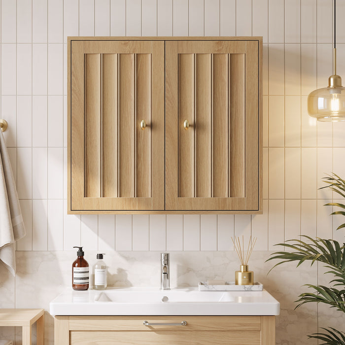 Wall Mounted Bathroom Cabinet With Double Doors And Vertical Grooved Design For Bathrooms - Oak