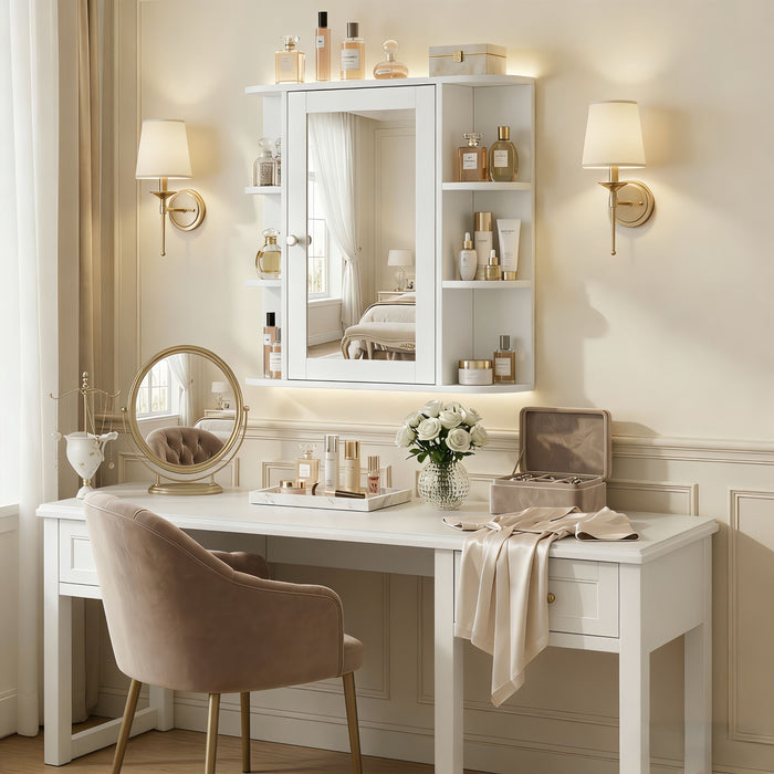 Bathroom Wall Storage Cabinet With Mirror And Adjustable Shelf, 6 Open Shelves