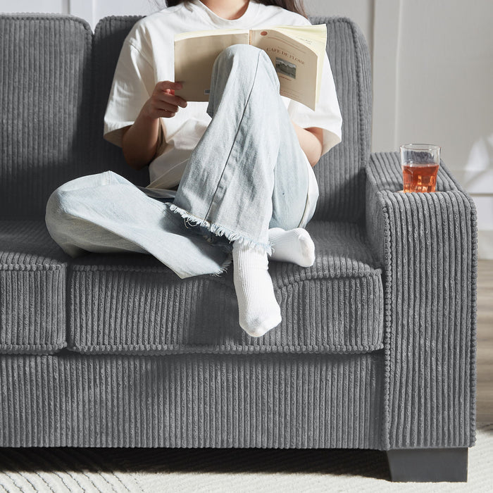 Modern Corduroy Fabric Sofa, 3 Seater Compressed Couch With Cup Holders