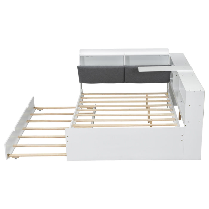 Platform Bed With Trundle, Shelves, And Storage Headboard