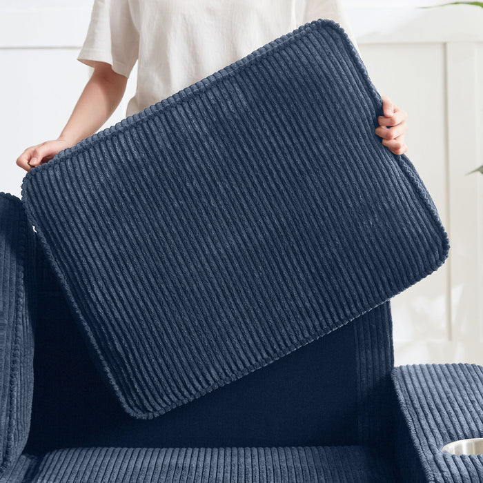 Modern Corduroy Fabric Sofa, 3 Seater Compressed Couch With Cup Holders