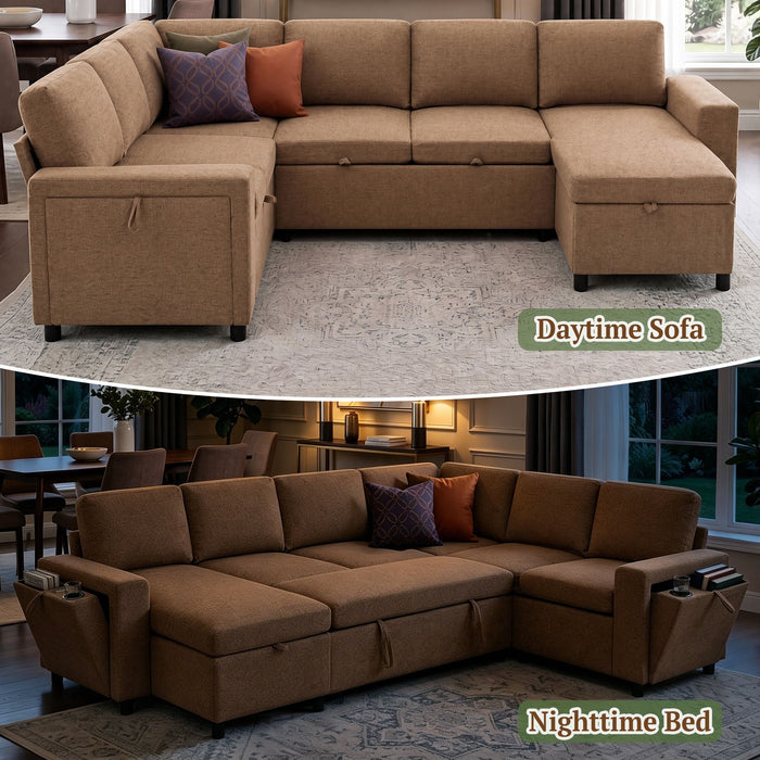 U - Shaped Convertible Sectional Sofa Bed With Storage, USB Charger & Cup Holders