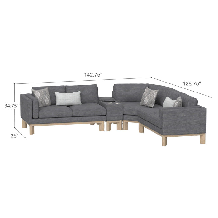 Maeve - Console Sectional, With Pillows, Wireless Speaker, Two Wireless Charging Areas, One USB-C And Two USB-A Ports, And Two Stainless Steel Cupholders - Thundercloud