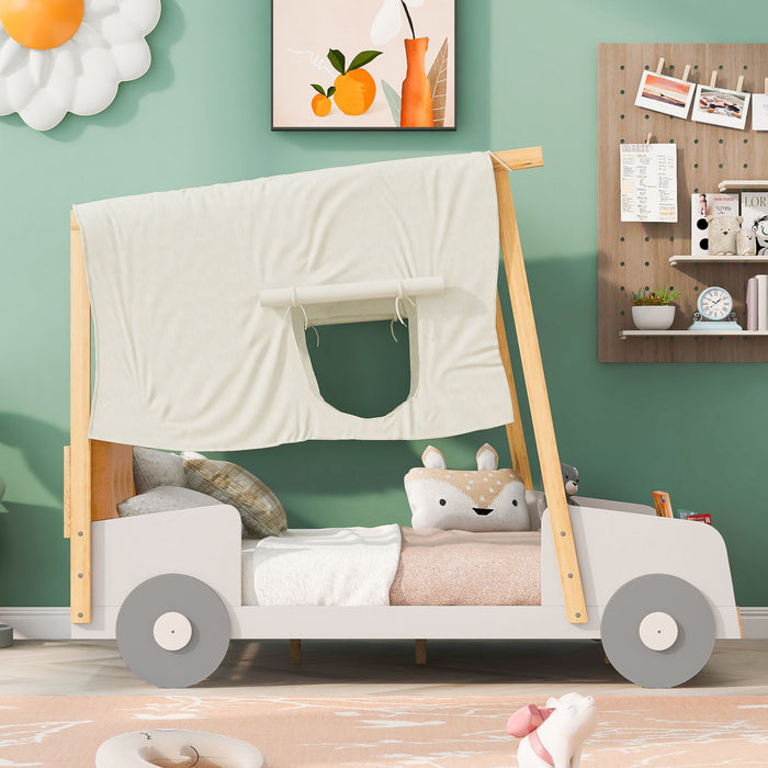 Twin Size Car Bed & Pillow, Ceiling Cloth And LED - Natural