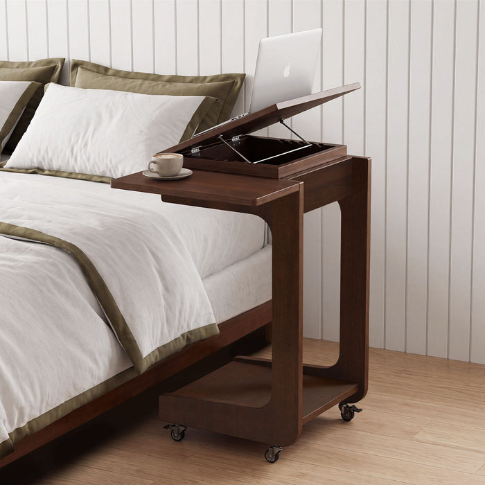 C - Shaped End Table, Rolling With 360° Adjustable & Foldable Desktop, Couch Table With Laptop Stand For Living Room - Walnut