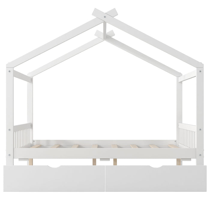 House Style Platform Bed With Headboard, Footboard, 2 Drawers, And Roof Design