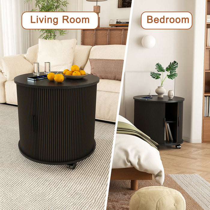 Cylinder Nightstand With Charging Station & Sliding Door