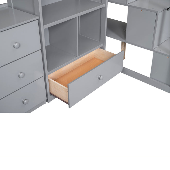 Loft Bed With L Shaped Desk, Drawers, Cabinet, And Storage Staircase