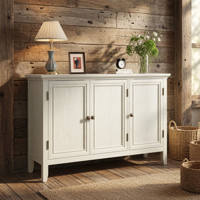 3 Door Buffet Cabinet With Adjustable Shelves - Matte White / Grayish