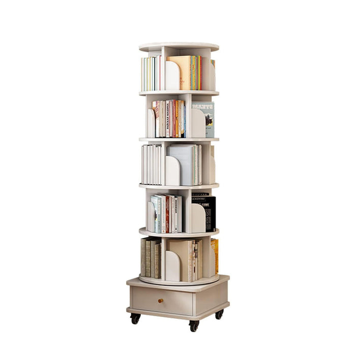 Rotating Bookshelf With Wheels And Drawer, 360° Spinning Design, Space Saving Storage
