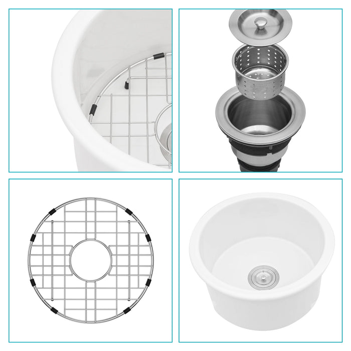 Ceramic Circular Kitchen Sink With Drain Assembly And Bottom Grid, 18" Dual Mount - White
