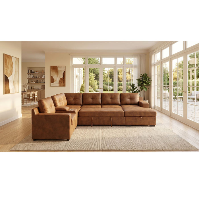 U - Shape Sectional Pull Out Bed With Console, Storage, And USB Charging
