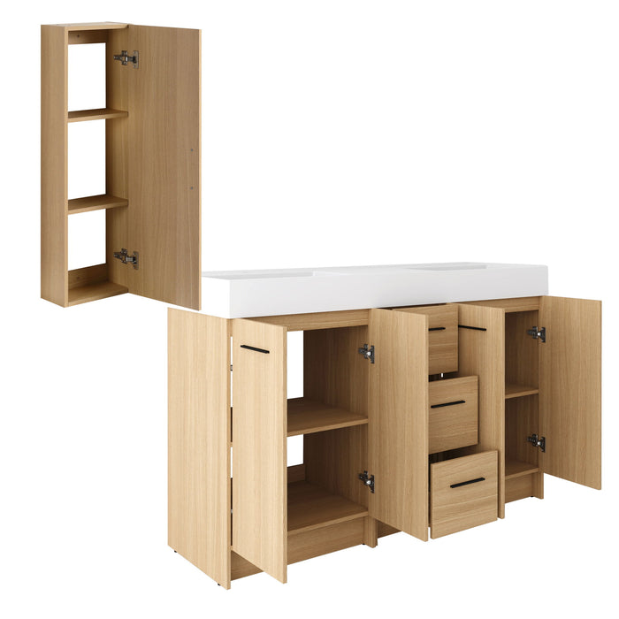 Double Sink Bathroom Vanity Set With Tall Linen Cabinet, 3 Drawers, Extra Large Storage, Integrated Sink, Freestanding Cabinet - Light Oak / White